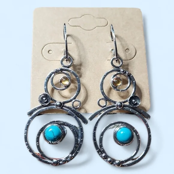 Silver Faux Turquoise & Citrine Circle Drop Earrings #412 - Picture 4 of 4